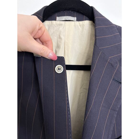 Brunello Cucinelli Blazer Mens IT50 40R Sport Coat Navy Pinstripe Elbow Patches - Picture 4 of 11
